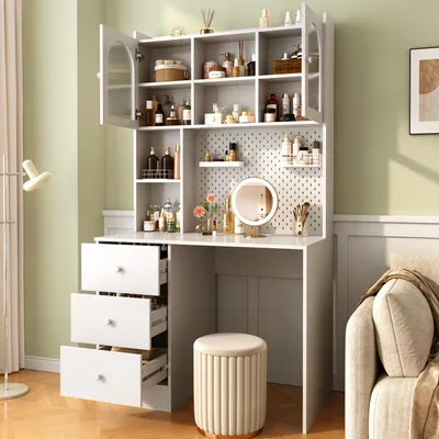 Produktbild von okwish Multifunktionaler Arbeitstisch mit 3 Schubladen und Glasfronten, Schreibtisch mit integriertem Schrank,Viel Stauraum,Weiß