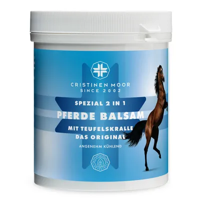 Produktbild von Cristinen Moor Pferde Balsam mit Teufelskralle spezial 2 in 1, 1000ml (Pferdebalsam), Massage Creme für Muskeln und Gelenke, bei Prellung, Stauchung