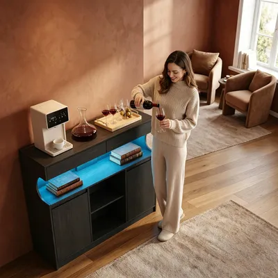Produktbild von Sideboard, Küchenschrank mit Steckdosenleiste und LED-Licht | Buffetschrank, 2 Schubladen und 2 Türen, Verstellbaren Regalen, Esszimmer, Küche