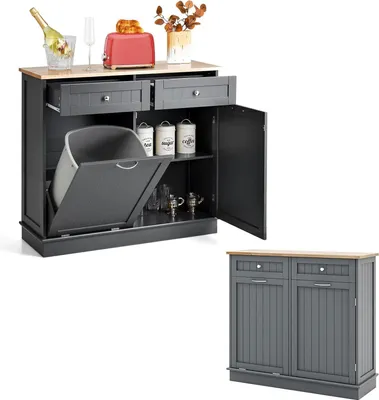 A kitchen cabinet with its doors and drawers open, showing its internal storage and a trash bin compartment. A smaller, closed version of the cabinet is shown in the bottom right corner.