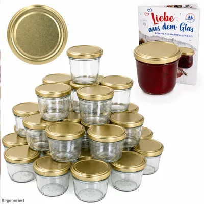 Produktbild von 100er Set Sturzglas 230 ml To 82 goldener Deckel incl. Diamant-Zucker Gelierzauber Rezeptheft