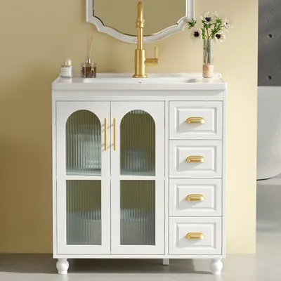 Zdjęcie produktu dla Szafka pod umywalkę, 80 cm, biała, z umywalką, wykonana z MDF, z ceramiczną umywalką, dwoma drzwiczkami i trzema szufladami