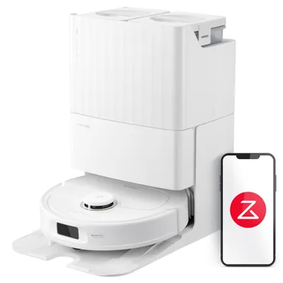 A white robotic vacuum cleaner with its docking station and a smartphone displaying an app logo.