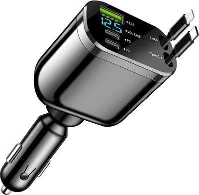 Produktbild von 5in1 Zigarettenanzünder Adapter Auto Ladegerät KFZ Schnellladegerät mit einziehbare Typ-C Kabel/USB C/USB A für iPhone 17 Pro Max Air Galaxy S25 Ultra