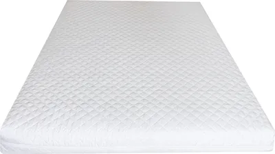 A white quilted mattress topper is shown on a white background.