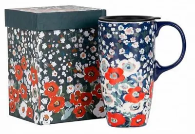 Zdjęcie produktu dla Filiżanka ceramiczna do kawy z pokrywką, pojemność 500 ml, motyw: kwiaty morskie, kolor: pomarańczowy