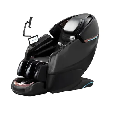 A black massage chair with a tablet holder and screen.