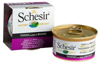 Produktbild von Thunfisch- oder Rindfleisch-Pastete in Gelée für Katzen (Dose, 85g) - SCHESIR
