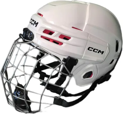 A white CCM Tacks 70 Helm Combo Junior with a silver cage is shown against a white background.