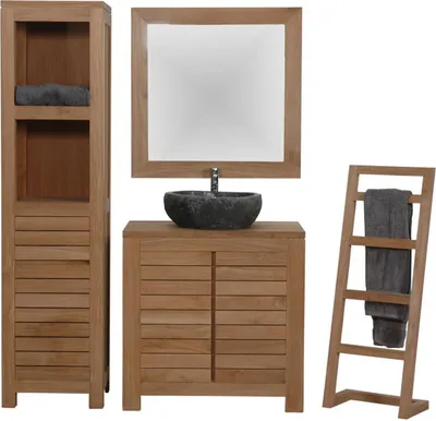 Image de Ensemble de meubles de salle de bain Teako Design Bjurholm en teck, 3 pièces, miroir, meuble sous lavabo