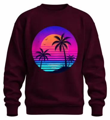 Immagine prodotto di Felpa con cappuccio, stile retrò anni '80, ispirata alla synthwave, con immagini di tramonto, palme e spiaggia, in stile vaporwave, colore bordeaux, taglia M