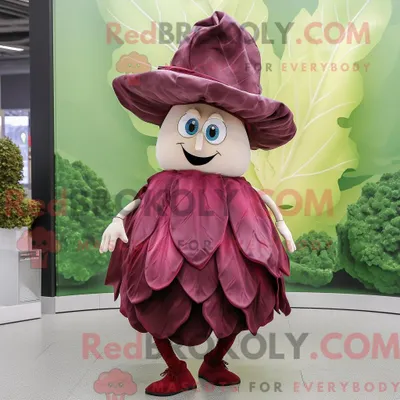 Produktbild von Maskottchenfigur REDBROKOLY eines kastanienbraunen Kohlblatts mit Minirock und Hutnadeln
