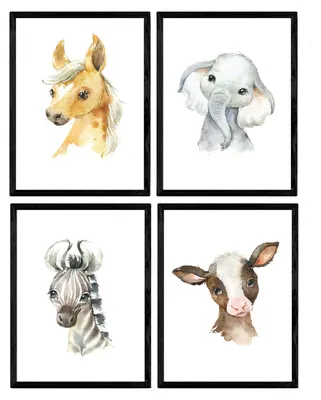 4er-Pack Tierposter A3 – Elefant, Kuh, Pferd, Zebra – ungerahmt