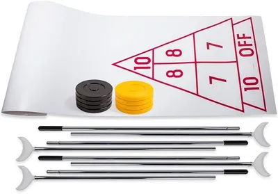 Produktbild von Economy Shuffleboard Set: Indoor Outdoor Game - 8 Pucks 4 Cue Sticks & Plastic Court