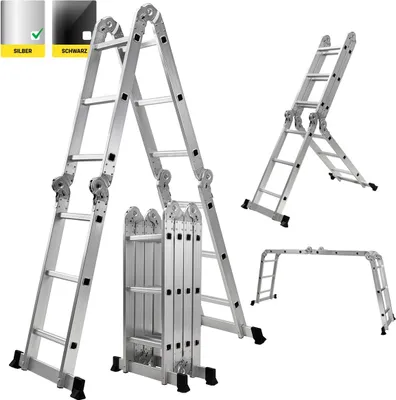 Produktbild von Craftfull Mehrzweckleiter CF-104A | 6in1 Leiter - Gelenkleiter aus Aluminium - Klapp- & Stehleiter - Anti-Rutsch (4x3 Sprossen)