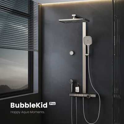 Produktbild von EMKE® System prysznicowy z termostatem 38℃ Armatura wannowo-prysznicowa, deszczownica 40 cm szklana półka z 3+1 główką prysznicową dla rodzica i dziecka + reling prysznicowy, antracyt matowy