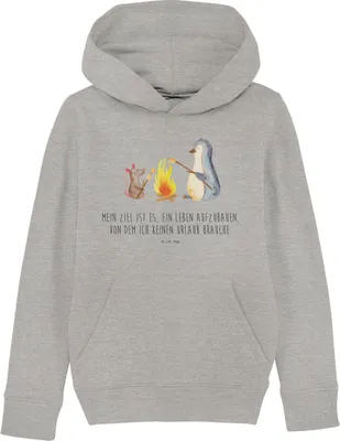 Produktbild von Mr. & Mrs. Panda Organic Kinder Hoodie Pinguin Lagerfeuer 9-11 Jahre (134/146) - Heather Grey - Geschenk, Job, Sweatshirt, Arbeit, Pullover, Maus, Kapuzenpulli, Hoody