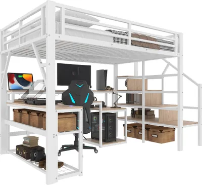 Produktbild von Hochbett mit RGB LED-Streifen, Schreibtisch, Regal, Lattenrost, Treppe, Rausfallschutz, Steckdosen und USB, 140x200cm, Metallbett, Kinderbett