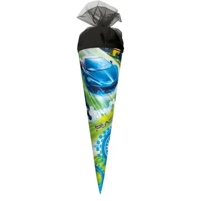 Produktbild von ROTH Geschenk-Schultüte Racing 50 cm klein rund Tüllverschluss Zuckertüte Schulanfang
