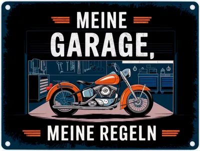 Produktbild von Vintage-Garage Motorrad Metallschild in 15x20 cm - Meine Garage meine Regeln