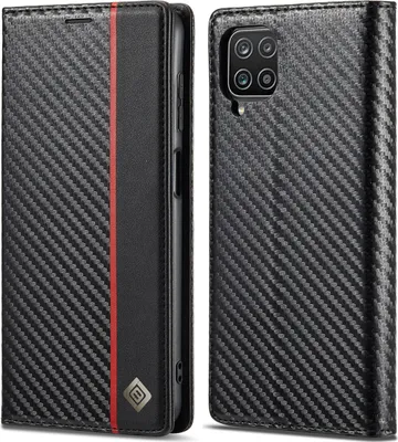 Produktbild von Hülle für Samsung Galaxy A22 4G Kohlefaser Leder Brieftasche Schutzhülle mit Standfunktion Schwarz Vertikale Rot