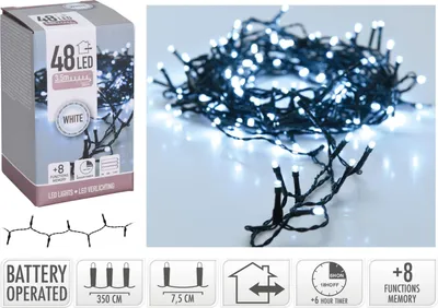 A product shot of white LED string lights and its packaging, along with feature icons.