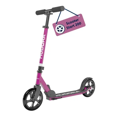 A purple HUDORA scooter is shown against a white background with a tag attached to the handlebars.