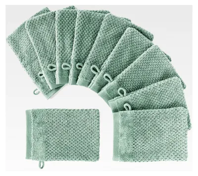 Produktbild von Waschhandschuh Set 16x21cm mit Aufhängeschlaufe aus 100% Baumwolle, saugstark, weich und - 10 grüne Waschlappen - Salbeigrün