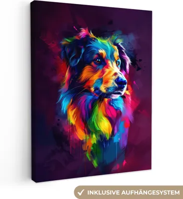 Produktbild von MuchoWow® - Leinwandbilder - Hund - Bunt - Tier - Tierkopf, Wandbild, Wanddeko Bilder Wohnzimmer, 60x80cm