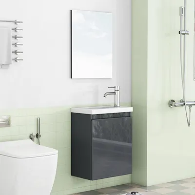 Produktbild von Wandmontierter Badezimmerschrank 40 cm mit Keramikwaschbecken und Spiegel, Hochglanz-Grau
