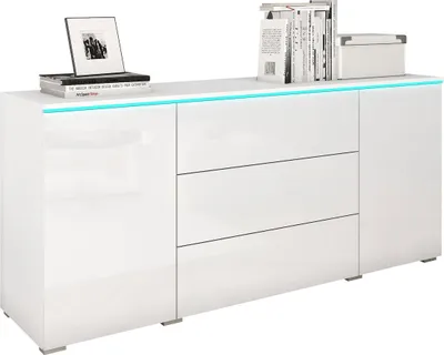 Produktbild von MIRJAN24 Kommode Vera, Griffloses Öffnungssystem, Sideboard, Stilvoll Highboard Schrank (Farbe: Weiß / Weiß Hochglanz, mit RGB LED Beleuchtung)