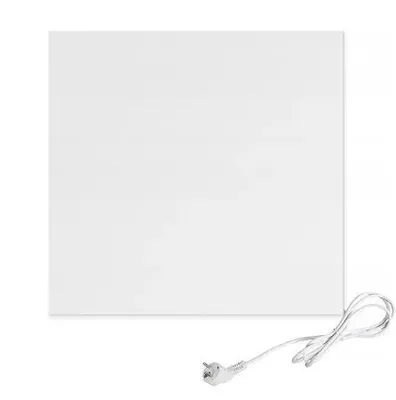 A white infrared heating panel with a white power cord and plug is shown on a white background.