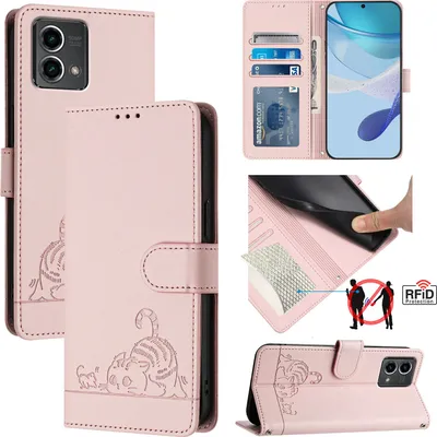 Produktbild von Leder Hülle für Motorola Moto G Stylus 5G (2024) Süße Katze Flip Case Brieftasche Schutzhülle mit Standfunktion Pink