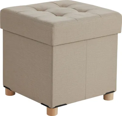 Immagine prodotto di Pouf Relaxdays con vano portaoggetti, imbottito, A x L x P: 38 x 38 x 38 cm, effetto lino, gambe in legno, pouf squadrato, beige