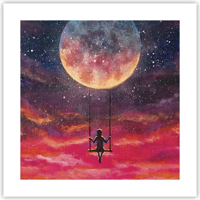 Produktbild von Poster - Poster ohne Rahmen - Mond Schaukel Frau - 40x40 cm - Wand Bild - Wanddeko - Wandbilder - Kunstposter - Wandposter - Bilder - Kunstdruck - Wanddekoration - Wandbild - P2XAC40x40-5095