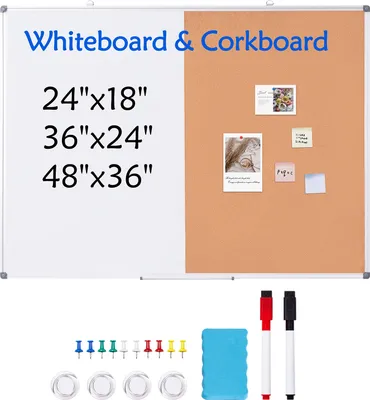 Image de SucceBuy Combinaison Tableau Blanc & Tableau en Liège 48 "x36" avec cadre aluminium - Tableau d'affichage magnétique effaçable à sec 2 en 1 à fixer au mur - Idéal pour l'école, la maison, le bureau