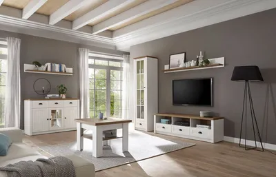 Productafbeelding van Landhuis-stijl wandmeubel, mediawand, wandmeubel voor de woonkamer, 210 cm, grenen, wit, licht eikenhout