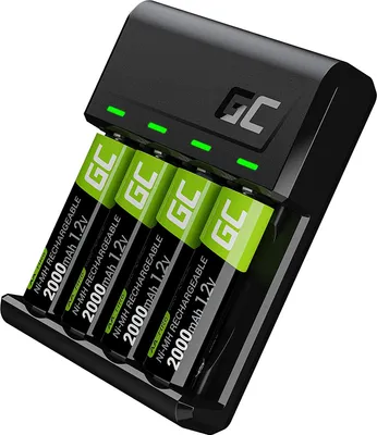 Produktbild von Green Cell VitalCharger Batterieladegerät Ladegerät + 4X AA 2000mAh für NI-MH AA AAA R6 R03 Mignon Akku. Mit Micro USB USB-C. 4-Kanal-Ladesystem - lädt ab 1 bis 4 AA oder AAA, LED-Signalisierung