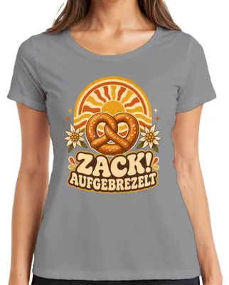 Produktbild von Zack! Aufgebrezelt Brezel Edelweiß Bayern Trachtenshirt Lederhose Damen T-Shirt, Grau, XL
