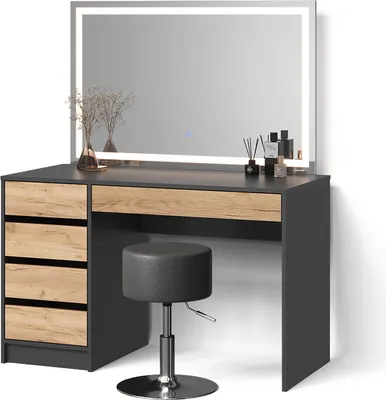 Image de Coiffeuse Livinity Imola Anthracite/chêne doré avec miroir LED et tabouret, Model 53097