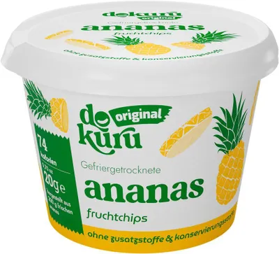 Produktbild von Gefriergetrocknete Ananas aus 100 % Frucht. Ohne Zuckerzusatz, vegan, glutenfrei und besonders knusprig.