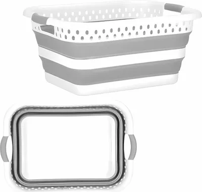 Zdjęcie produktu dla Składany kosz na bieliznę 36 l – szary, z tworzywa sztucznego, prostokątny, stabilny i zajmujący mało miejsca, 61 x 44,5 x 25 cm, z uchwytami, składany i łatwy w czyszczeniu