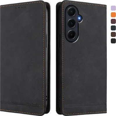 Image de Etui pour Samsung Galaxy A55, étui rétro en cuirPolyuréthaneavec support et fentes pour cartes de crédit Noir
