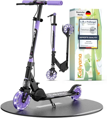 Produktbild von Kidiyana Kinderroller Scooter ab 5 Jahren – Tretroller für Jungen & Mädchen bis 50 kg – Klappbarer Roller mit höhenverstellbarem Lenker, 120 mm PolyurethanLeuchträdern, ABEC-5 Kugellager, Handbremse & Stoßdämpfung