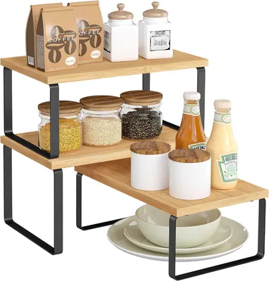 Immagine prodotto di Portaspezie - Set di 3 ripiani impilabili ed espandibili per la cucina - Metallo e bambù - 5 kg per ripiano