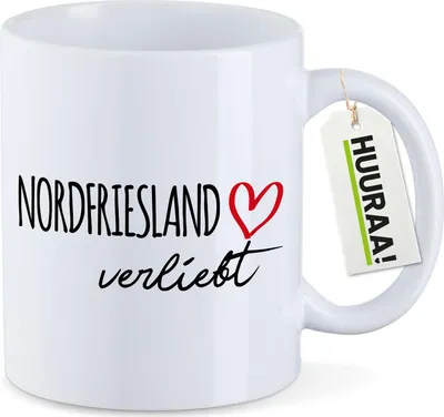 Produktbild von Huuraa Kaffeetasse Nordfriesland verliebt 330ml Weiß Keramik Kaffeebecher Geschenkidee