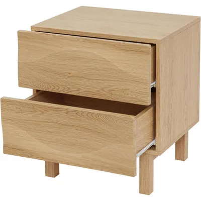 Immagine prodotto di Tavolino da notte con 2 cassetti, finitura effetto legno di quercia, gambe in legno di gomma, dimensioni 48x40x55 cm