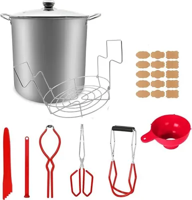 Produktbild von 20 L Edelstahl-Einmachset mit Wasserbad, Gestell und Deckel – 9-teiliges Einmach-Set inkl. Glasheber, Einmachzange, 30 Etiketten (Komplettset für Einsteiger)