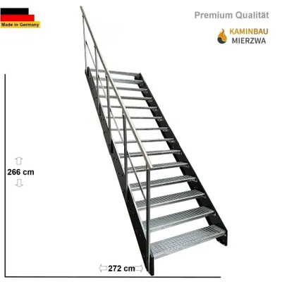 A metal staircase with a railing and grid-like steps, shown against a white background with dimensions indicated.