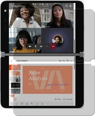 A Microsoft Surface Duo 2 device is shown displaying a video call on the top screen and a presentation on the bottom screen.